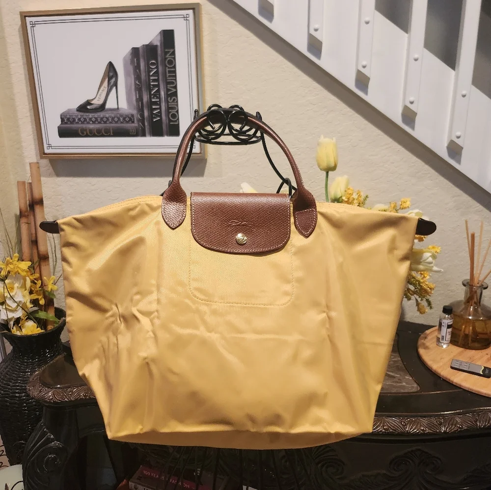 Longchamp Yellow and Brown Le Pliage Top-Handle Bag